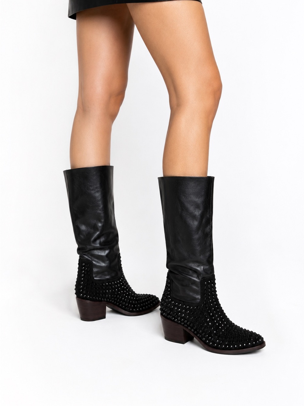 Lella Baldi Italy Black Rhinestone Crystal Studded Leather Mid-Calf Western Boot